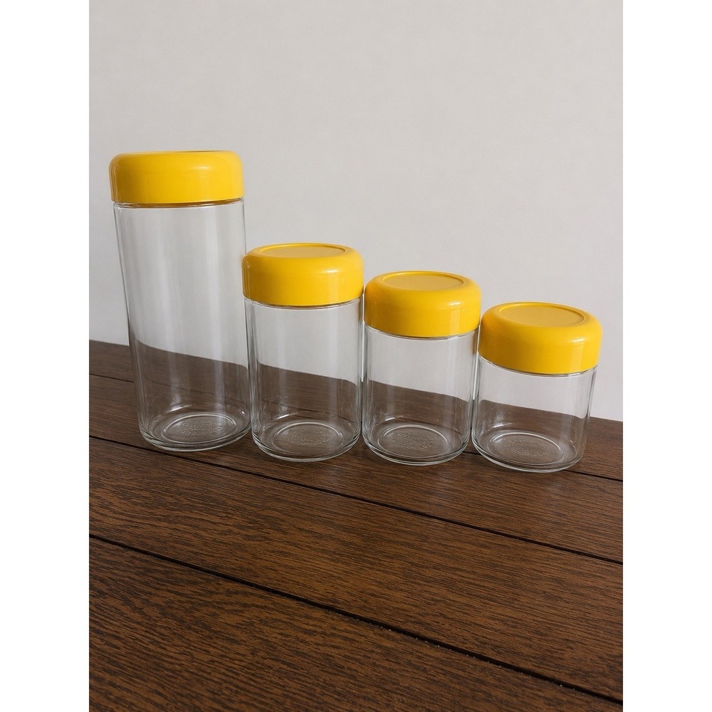 1970s Heller Designs Massimo Vignelli Glass Canisters Set of 4 Yellow Lid MCM